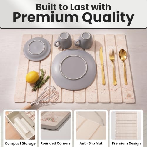 Large Stone Dish Drying Mat For Kitchen Counter | Non-Slip, Super Absorbent Diatomaceous Dish Dry Matt | Rollable Stone Drying Mat For Kitchen Counter, Heat-Resistant, Travertine Beige Color - Image 4