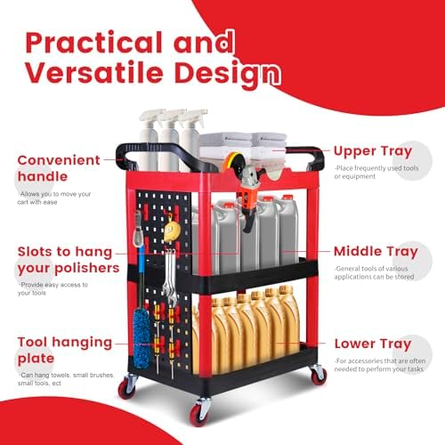 MaxWorks 50886 3 Shelf Rolling Utility Service Cart with Storage Carts and Bottle Holders with Side Hanging Hook 440-lb Capacity - Image 4