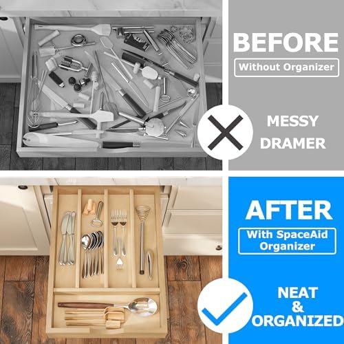 WelFurGeer Solid Birch Wood Silverware Drawer Organizer, Wooden Cutlery Drawer Organizer, Utensil Tray for Kitchen Drawers, Kitchen Utensil Organizer for Silverware, Flatware, Spoons, Forks, Knives - Image 3