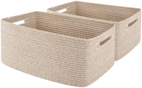 OIAHOMY Storage Basket for Shelves, Closet Cube Storage Bins Baskets for Clothes Blanket Towels, Baby Nursery, Toy Baskets Box, Woven Rope Basket, 17.72 * 12.99 * 7.87 IN, 2 Packs Brown by MasterofSpaceOptimization