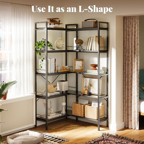 Huuger 5 Tier Bookshelf, L Shaped Corner Bookshelf with 10 Open Shelves, 49.4 Inch Straight Wide Bookcase with Metal Frame and Wooden Board, Adjustable Feet, Black - Image 4