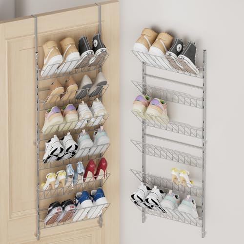 SWTYMIKI Over the Door Shoe Organizer - Adjustable 6 Tier Hanging Shoe Rack Organizer, Metal Heavy Duty Behind Door Storage or Wall Mount Shoes Shelf for Flats, Heels, Sneakers, Boots, Silver by SwtyMiki-TidyHomeSweetLife