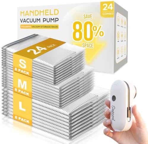 24 Pack Vacuum Storage Bags with Electric Pump, Type-C Rechargeable Portable Vacuum Seal Bags for Clothes, Travel Space Saver Bags for Luggage, Closet, Bedding & Home Storage, White by SNOCOD
