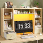 REIBII 47.2" Desktop Bookshelf, 6 Shelves & 2 Drawers, LED Lights, Natural by REIBII