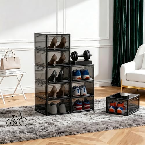KEFA XL Shoe Storage Box, 6 PACK Shoe Boxes Clear Plastc Stackable Organizer, Clear Plastic Shoe Boxes Fit for US 15 (6 PACK BLACK) - Image 4