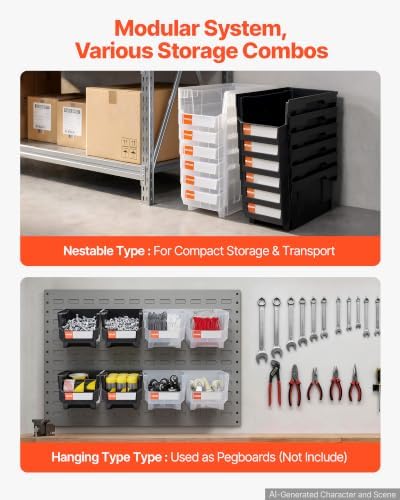 VEVOR Plastic Stackable Storage Bins, 14.8 x 8.5 x 7.1 inch (12 Pack), Plastic Containers for Organizing & Storage Bins for Garage, Small Parts, Office Supplies, Other Accessories, Black & Transparent - Image 4