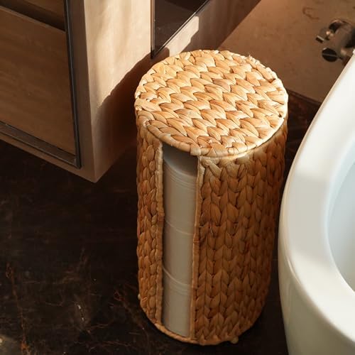 PINXIURY Water Hyacinth Paper Roll Holder, Wicker Toilet Paper Holder Stand for Bathroom, 3 Rolls of Toilet Paper Storage, Toilet Roll Holder Stand for Bathroom and Under Sink - Image 3