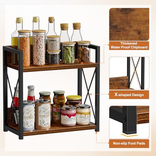 Giikin Kitchen Counter Shelf, Kitchen Countertop Organizer, 2 Tier Spice Rack for Counter, Wood Coffee Bar Organizer for Coffee Station (Brown, L) - Image 2
