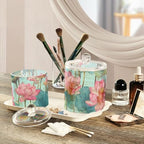 Teal Pink Lotus Flower Qtip Holder Waterproof Dustproof Apothecary Jars with Lids For Bathroom Cotton Swabs Makeup Sponges Floss Picks Bath Salts 2 Pack - Image 5