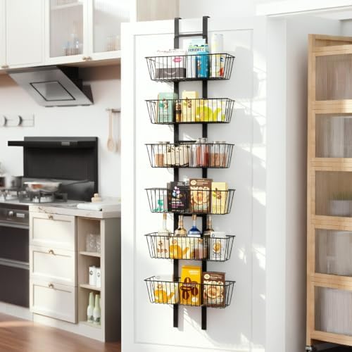 6-Tier Over The Door Organizer Metal Spice Rack Hanging Storage Pantry Organizer with Adjustable 6 Baskets, Space-Saving Behind Door Shelf for Kitchen, Bathroom, Laundry Room, Black by Upesitom
