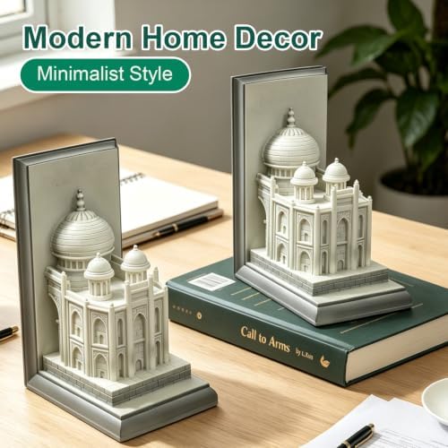 Book Ends for Shelves, Heavy Duty Decorative Bookends, Non-Skid Castle Design Book Holder for Heavy Books/CDs, Modern Aesthetic Resin Shelf Decor, Book Stopper for Home Office, Set of 2, White - Image 5