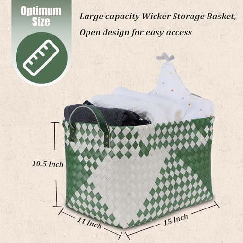 BROWNLILY Handwoven Clothes Basket Laundry Hampers Large Wicker Storage Baskets for Shelves Blankets Closet Storage Bins Car Bedroom Bathroom Organizers and Storage Bath (Pack of 4, Green&White) - Image 3