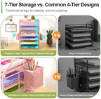 Pink 7 Tier Desk File Organizer, Metal Letter Tray Paper Organizer with Pull-Out Drawer, Removable Pen Holder & Hanging Basket, Vertical Desktop File Holder for Home Office, Classroom - Image 7