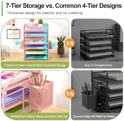 Pink 7 Tier Desk File Organizer, Metal Letter Tray Paper Organizer with Pull-Out Drawer, Removable Pen Holder & Hanging Basket, Vertical Desktop File Holder for Home Office, Classroom - Image 7