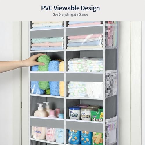 Yecaye Over The Door Organizer, 6 Tier Extra Large Behind Door Storage of 12 Compartments, 80lbs Heavy Duty Door Organizer Hanging with Clear Window for Closet Bedroom Pantry Bathroom, Grey - Image 4