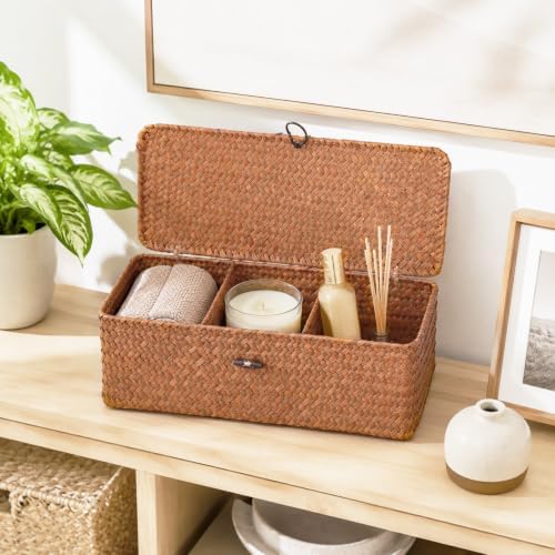2Pcs Wicker Storage Basket with Lid, Toilet Tank Basket with Lid, Decorative Seagrass Storage Baskets for Shelf Bathroom Toilet Table - Image 6