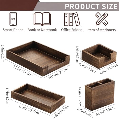 4 Pack Wood Office Supplies Desk Organizer Set for Front-load Documents Tray, Sticky Note Holder, Pen Cup, Stackable Small Letter Mail Sorter Tray, Workspace Decor for Women Men (Brown) - Image 2