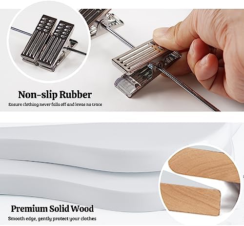 White Wooden Skirt Hangers with Clips 16Pack, Wooden Coat & Pants Hangers with Adjustable Metal Clips for Slacks, Jeans, Shorts, Jacket, Blouse, Clothes & Suit - Image 3