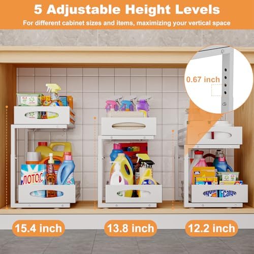 Under Sink Organizer, 2 Tier Under Sink Organizers and Storage, Adjustable Height, Slide out Metal Cabinet Organizers, Pull out Cabinet Storage Drawer Shelf for Kitchen Bathroom (White, 2 Pack) - Image 6