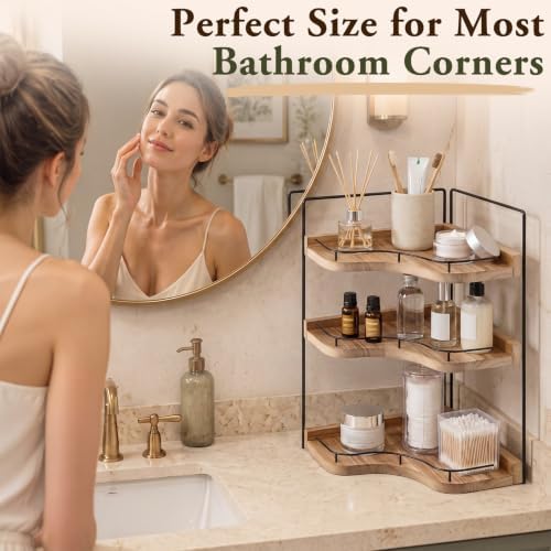 Ripeng 3 Tier Corner Bathroom Counter Organizer, Wooden Vanity Shelf with Metal Guardrails, Space Saving Corner Storage Rack for Bathroom Countertop, Kitchen, Bedroom, Light Brown - Image 3