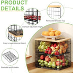 4 Pack Stackable Wire Baskets for Pantry Organizers and Storage, Pantry Baskets with Fixed Wooden Top, Fruit and Vegetable Storage Bins for Organizing Onion Potato Snack for Kitchen Cabinet/Countertop - Image 3