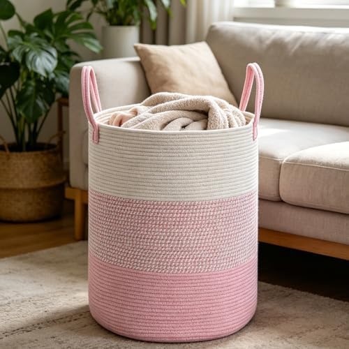 70L Pink Large Woven Laundry Basket, Clothes Hamper with Handles - Image 3