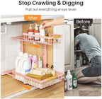 PXRACK Under Sink Organizer, Adjustable Height, 2 Tier Pull Out Under Cabinet Organizer, Slide Out Thickened Metal Under Sink Storage for Kitchen Bathroom Laundry Pantry Cabinet, Pink, Large-1-Pack - Image 3