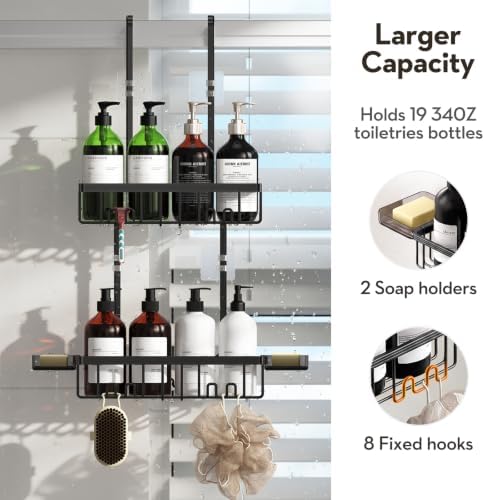 Over the Door Shower Caddy Hanging With Double Soap Holder Never Rust Aluminum Shower Shelf With 4 Hooks Hanging Bathroom Organizer No Drilling Shelves for Bathroom Storage Black - Image 3