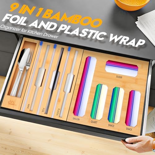 Bamboo Ziplock Bag Organizer for Kitchen Drawer & Wall Mount, Food Storage Baggie Holder, Fits Gallon Quart Sandwich Snack Freezer & Slider Bags, No Assembly, 9 in 1,Natural Color - Image 3