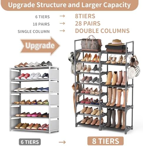 ROJASOP Shoe Rack, Shoe Storage Organizer for Closet Entryway Garage Bedroom, 8 Tier Tall Metal Shoe Shelf for 26-32 Pairs Boots & Shoes, Adjustable Shoe Stand for Small Space - Image 4