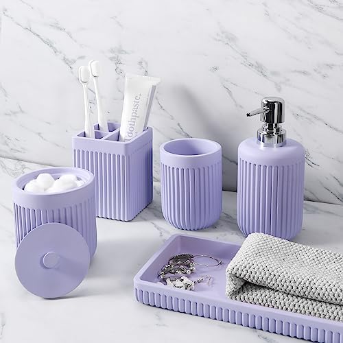 XLHOMO Resin Light Purple Bathroom Accessories Set 5 Pcs, Lotion Soap Dispenser, Toothbrush Holder, Bathroom Tumbler, Qtip Holder and Vanity Tray, Bathroom Countertop Organizer Set for Home Apartment by BetterbathroomwithXLHOME