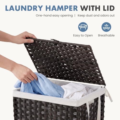 DUMOS Laundry Basket with Lid, 90L Wicker Laundry Hampers, Chestnut Brown - Image 2