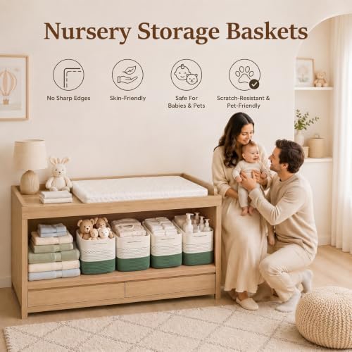 OIASKET 4 Pack Storage Baskets for Organizing, 13"X9"X7.87", Decorative Cotton Rope Baskets for Shelves, Small Woven Basket for Toys, Books and Towels, Green & White - Image 6