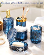 Bathroom Accessories Set, 5Pcs Glass Bathroom Accessories, Soap Dispenser, Soap Dish, Toothbrush Holder Set, Tumbler, Qtips Holder for Vintage Crystal Bath Decor (Navy Blue) - Image 5