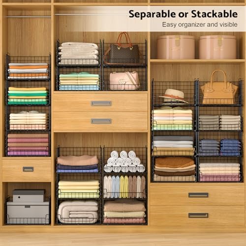 6-Tier Stackable Closet Organizers and Storage Basket - Foldable Closet Shelf Organizer System, Sturdy Metal Space-Saving Clothes Storage Bins for Wardrobe, Black - Image 3