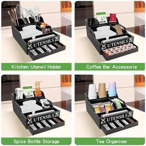 Kitchen Utensil Holder with Drawer, Farmhouse Spatula Organizer for Countertop,Large Capacity Flatware Spoon Forks Knives Cooking Tool Cutlery Holder for Party Picnic BBQ with 11 Compartments(Black) - Image 7