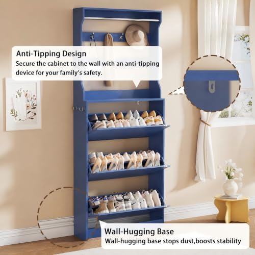 Blue Hidden Shoe Cabinet with 3 Flip Drawers & Coat Rack, Entryway - Image 6