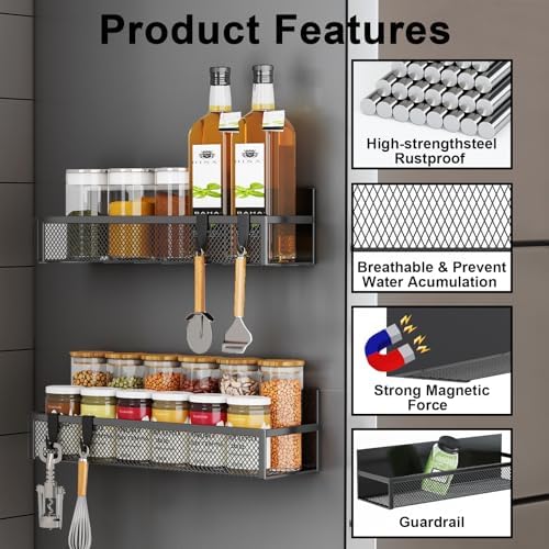 Aufworld Magnetic Spice Rack for Refrigerator, 6 Pack Magnetic Shelf, Fridge Magnet Organizer with Moveable 12 Hooks, Magnetic Fridge Shelf for Kitchen Organization and Storage (6 Pack) - Image 3