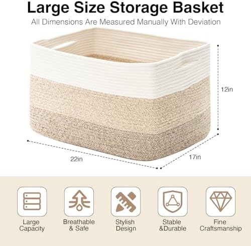ICERZCZ Large Rectangle Blanket Basket, Large Storage Basket for Organizing, Cotton Rope Woven Basket for Storage with Handles, Baby Nursery Living Room Bedroom, 22”x17”x12”, 75L - Image 3