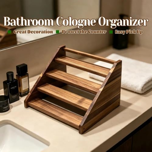 Acacia Wood 4 Tier Slanted Cologne Stand for Men, Wooden Fragrance Display Rack for Dresser Counter Bathroom Vanity - Image 3