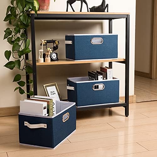 PRANDOM Fodable Storage Baskets for Closet [5-pack] Decorative Fabric Storage Bins Cubes with Leather/Metal Handles for Shelves Bedroom Living Room Royal Blue (11.5x8.5x6.7 Inch) - Image 3