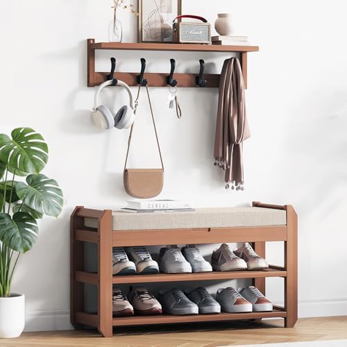 27.6" Shoe Rack Bench with Coat Rack, 2-Tier Entryway Storage Bench by ACSWOD