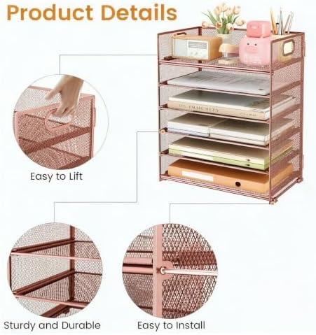 6 Tier Paper Organizer with Handle,Construction Teacher Desk Decor,Rose Gold - Image 2
