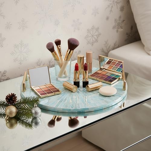 PEMAR Mother of Pearl Decorative Tray, 13" Round with Gold Metal Handles, Vanity/Perfume/Trinket Tray, Catchall for Dresser, Bathroom, Vanity Table (Teal Sunlight) - Image 3