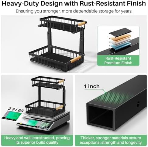 Kitstorack Under Sink Organizer, 2 Tier Under the Sink Storage, Slide out Pull out Cabinet Organizer Shelf, Metal Sliding Drawer for Kitchen Bathroom Pantry Closet Organization Rack, Black, 2 Pack - Image 5