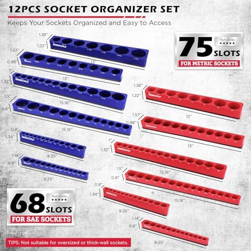 SEDY 12-Piece 1/4" 3/8" 1/2"-Drive SAE & Metric Magnetic Socket Organizer Set (Holds 143 Sockets) -Detachable Tool Tray with 5mm Magnetic Base for Garage/Home(Sockets Not Included) - Image 2