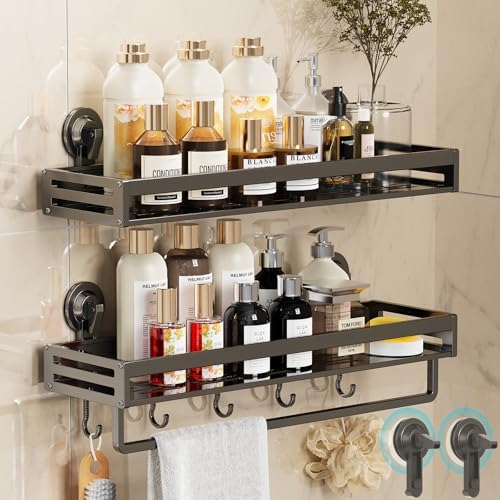 Suction Cup Shower Caddy with 5 Hooks & Towel Rrack 15.7inch Grey by CIBOTIES