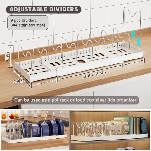 Magheo 2 Pack Expandable Food Storage Container Lid Organizers, 22" Pots and Pans Organizer Under Cabinet with 9 Adjustable Dividers Pot and Pan Lid Holders Rack Inside Cabinet(White) - Image 2