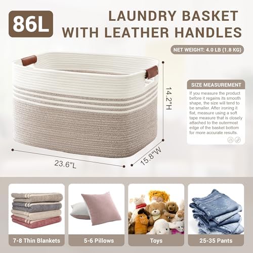 86L Large Woven Laundry Basket Hamper with Leather Handles,Brown​ - Image 2