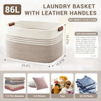 86L Large Woven Laundry Basket Hamper with Leather Handles,Brown​ - Image 2